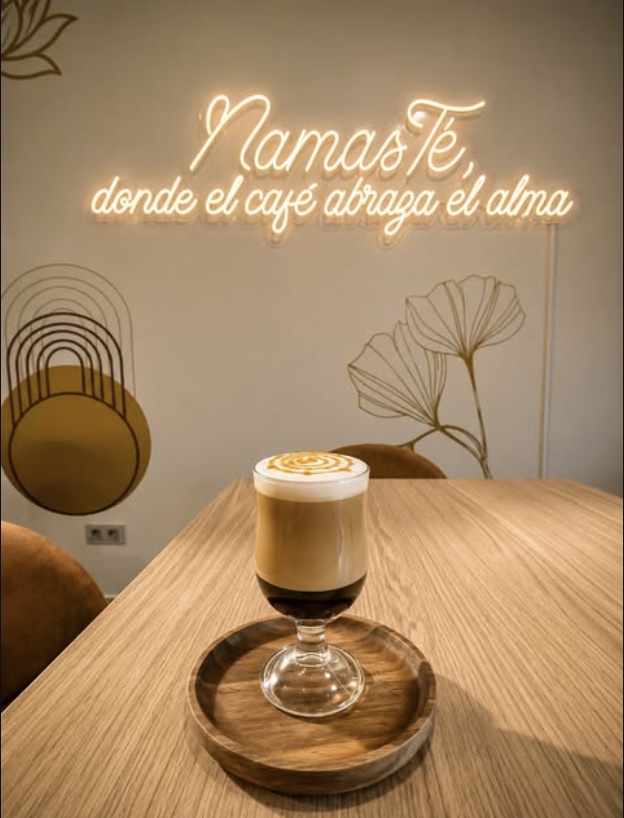Café servido en mesa de madera con el rótulo de neón 'NamasTé, donde el café abraza el alma' de fondo